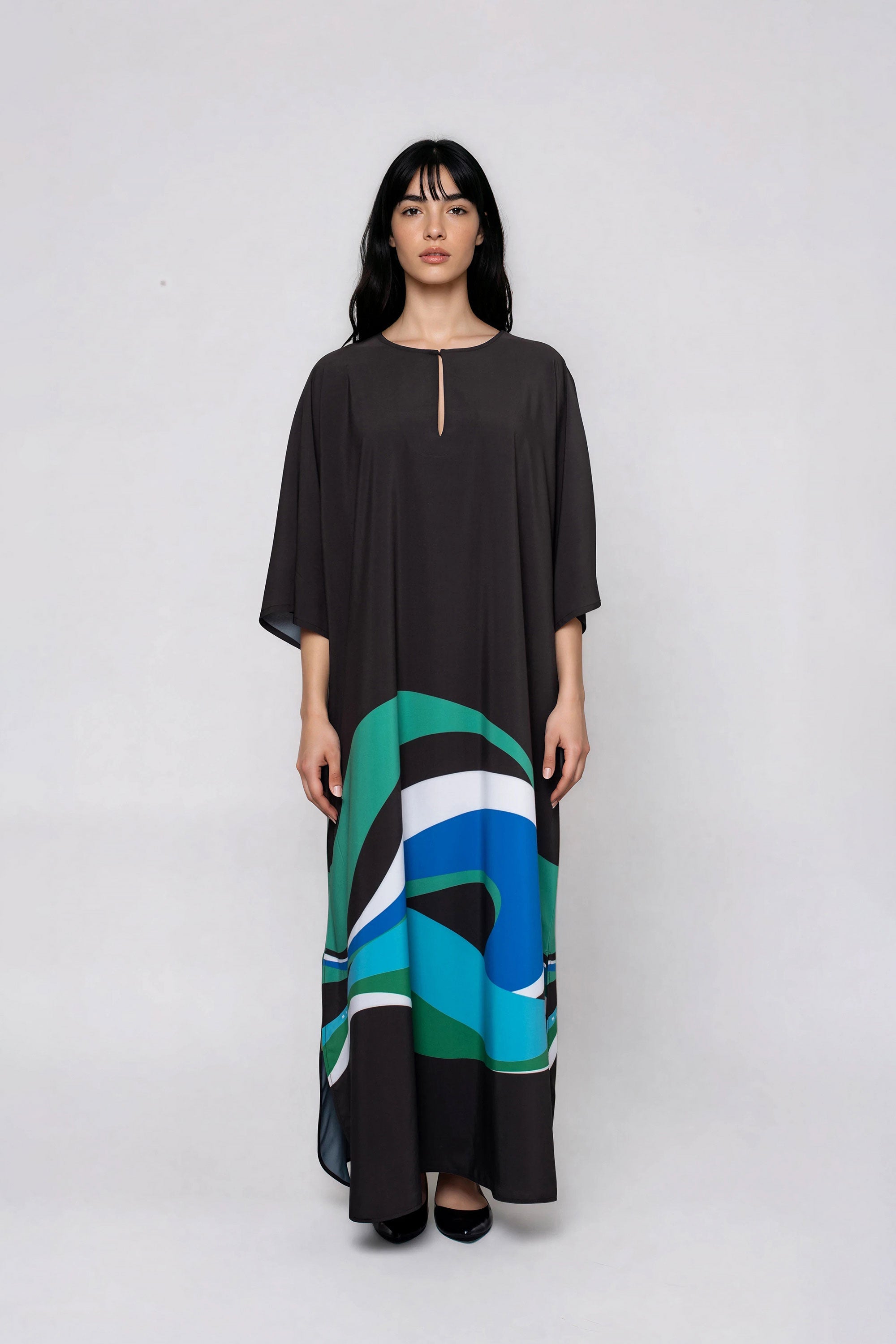 Multi_Blue_polyester_maxi_dress_front_view
