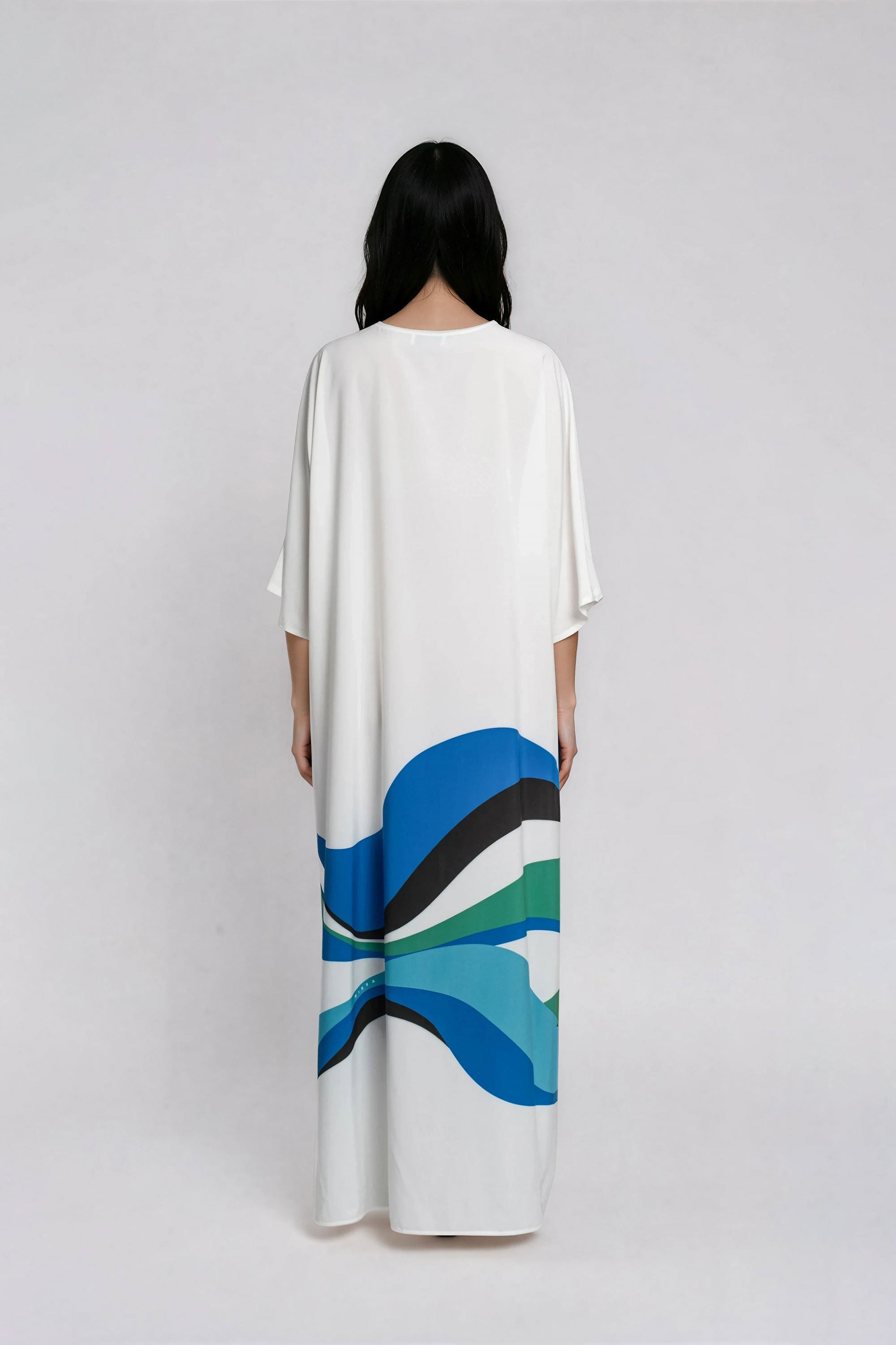 White maxi dress with abstract print back view