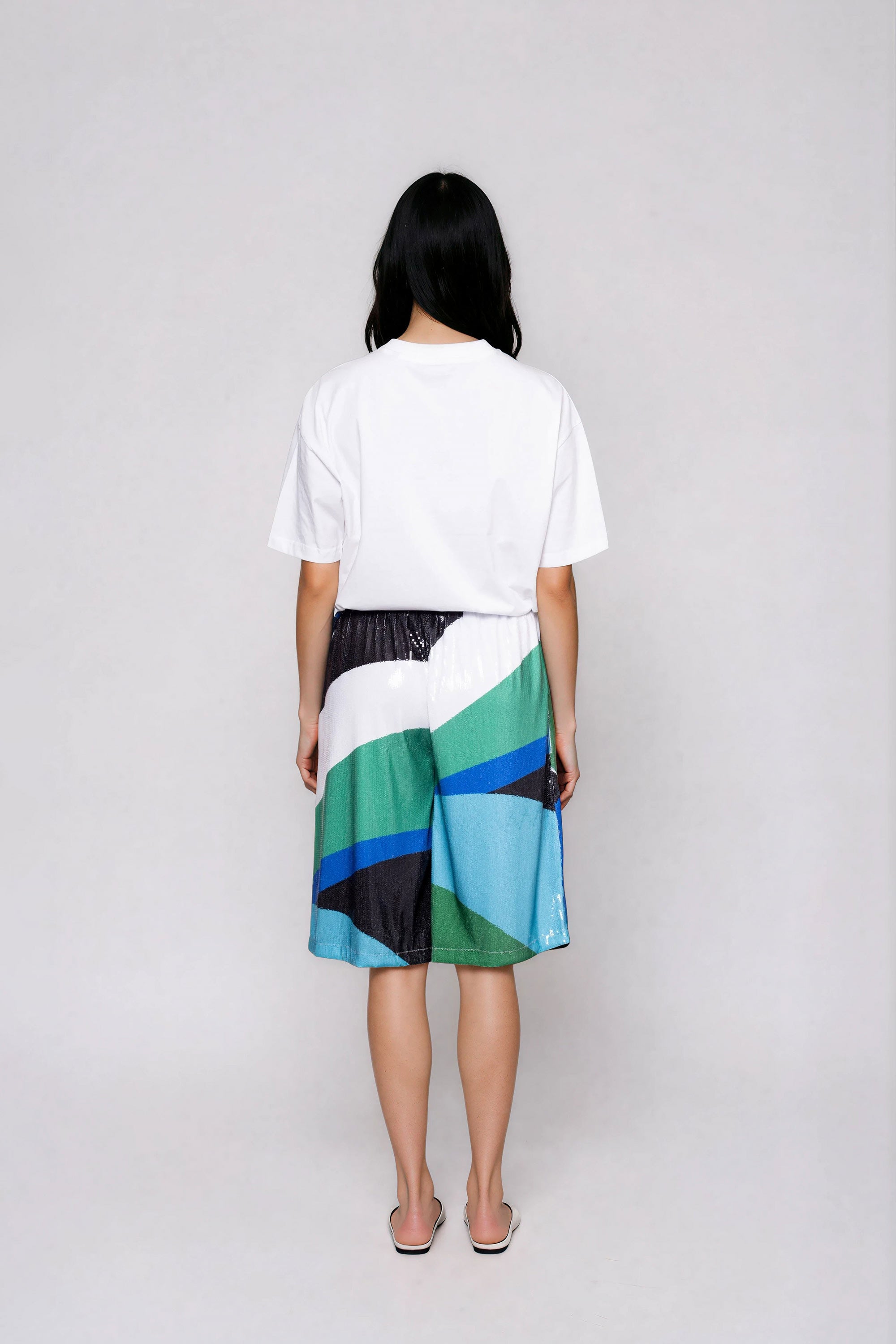 multiblue sequin shorts back view
