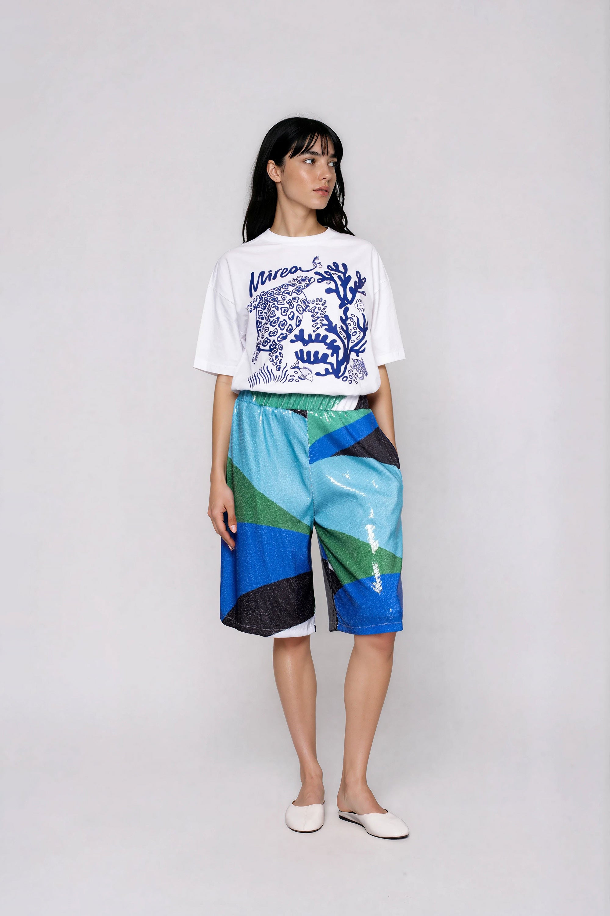 multiblue sequin shorts front view
