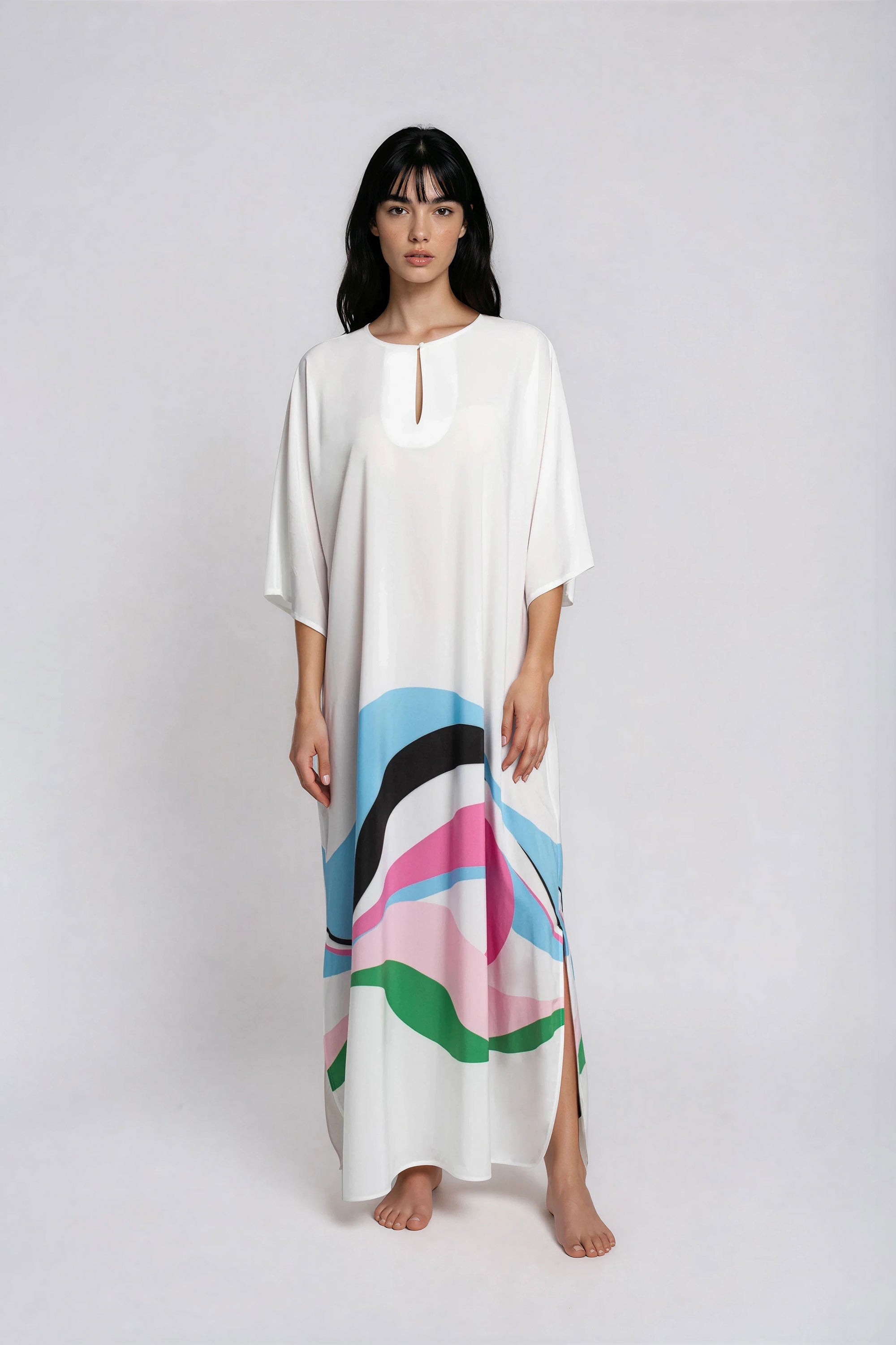 white_pink_polyester_maxi_dress_front_view
