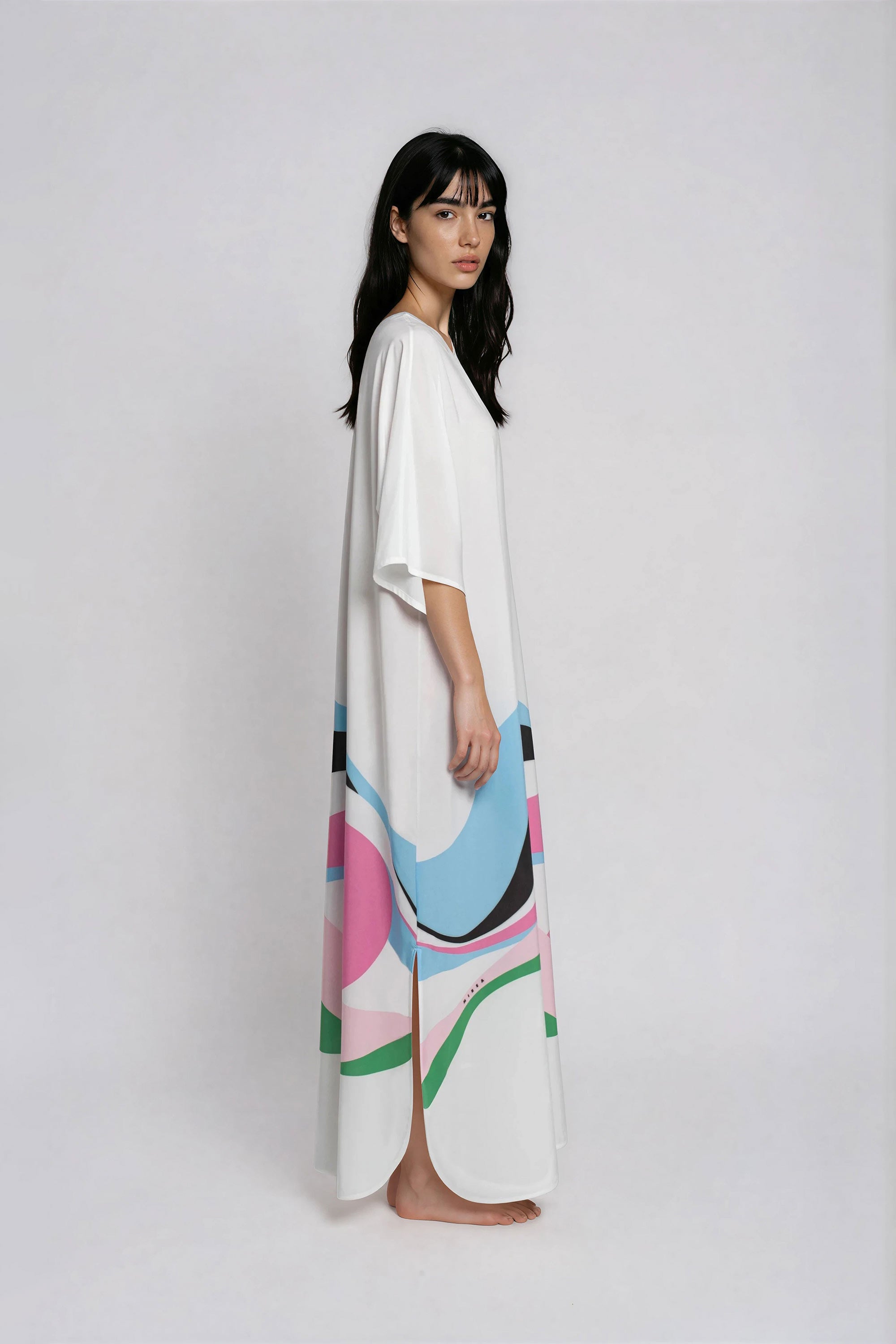 white_pink_polyester_maxi_dress_side_view