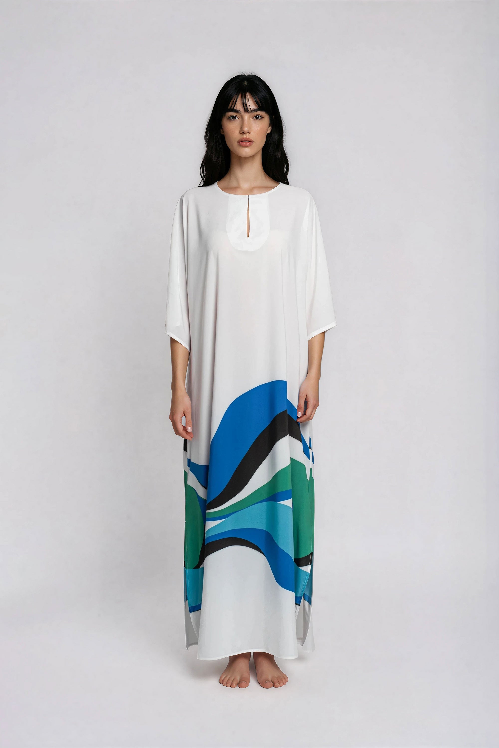 White maxi dress with abstract print front view