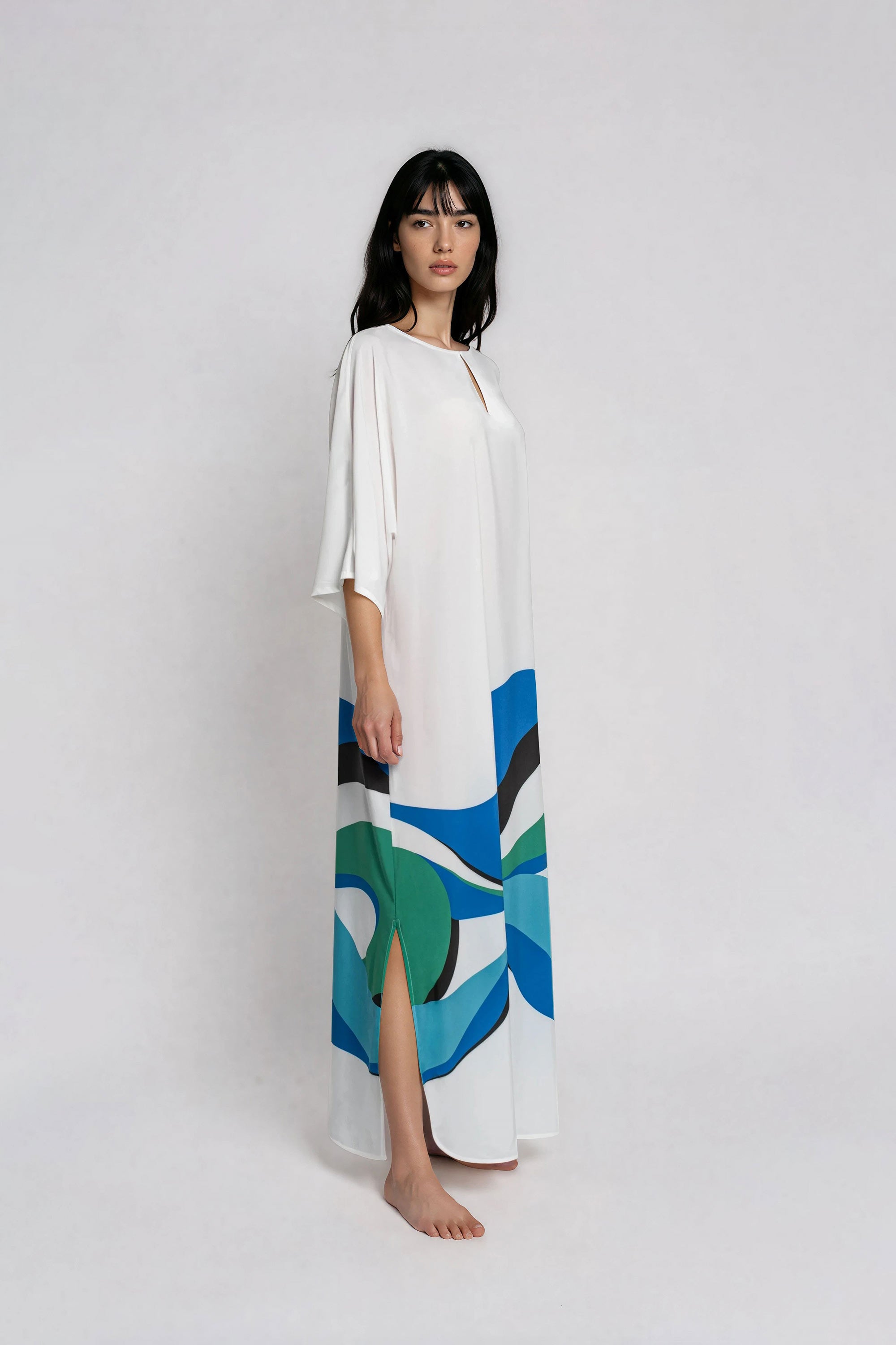 White maxi dress with abstract print side view
