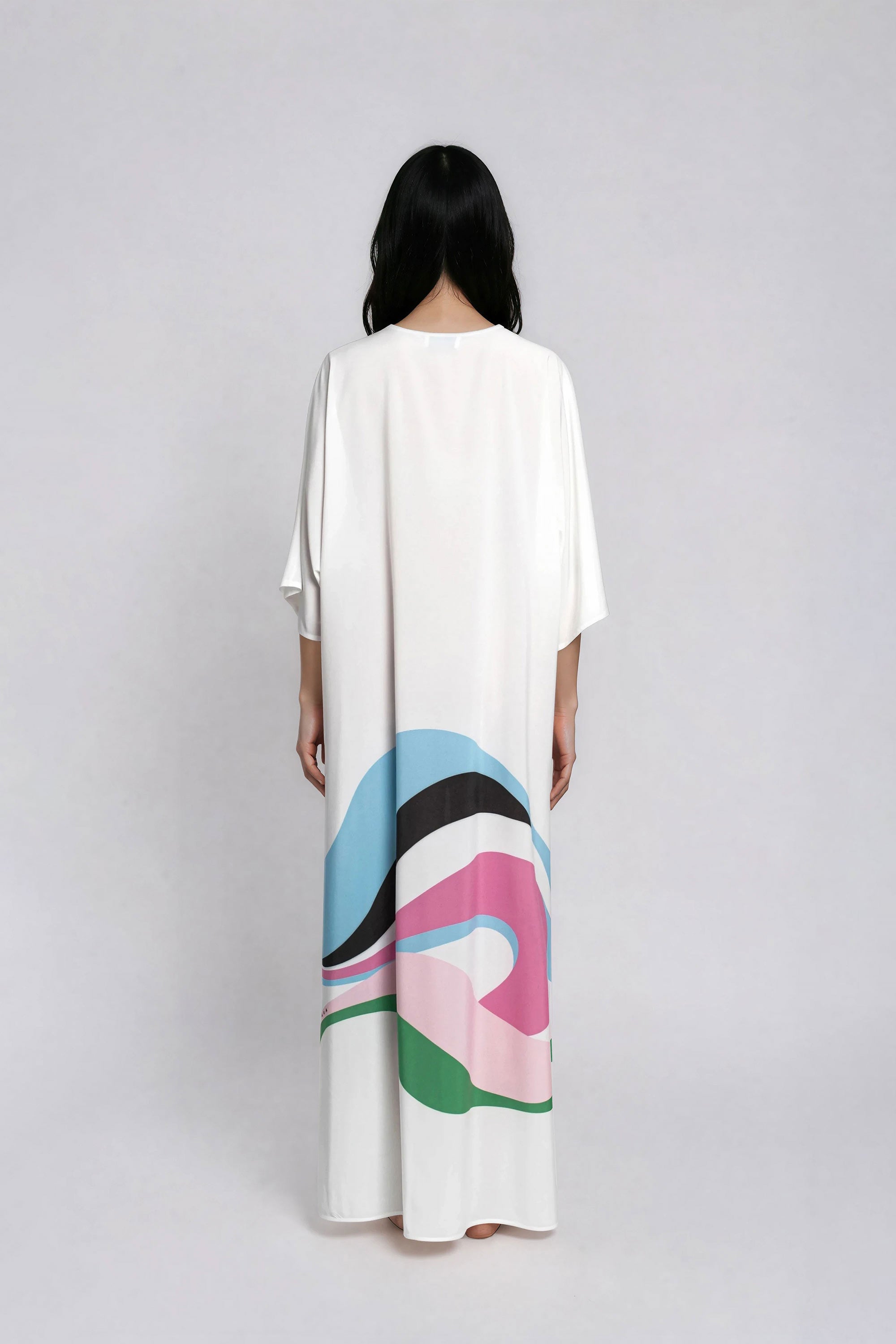 white_pink_polyester_maxi_dress_back_view